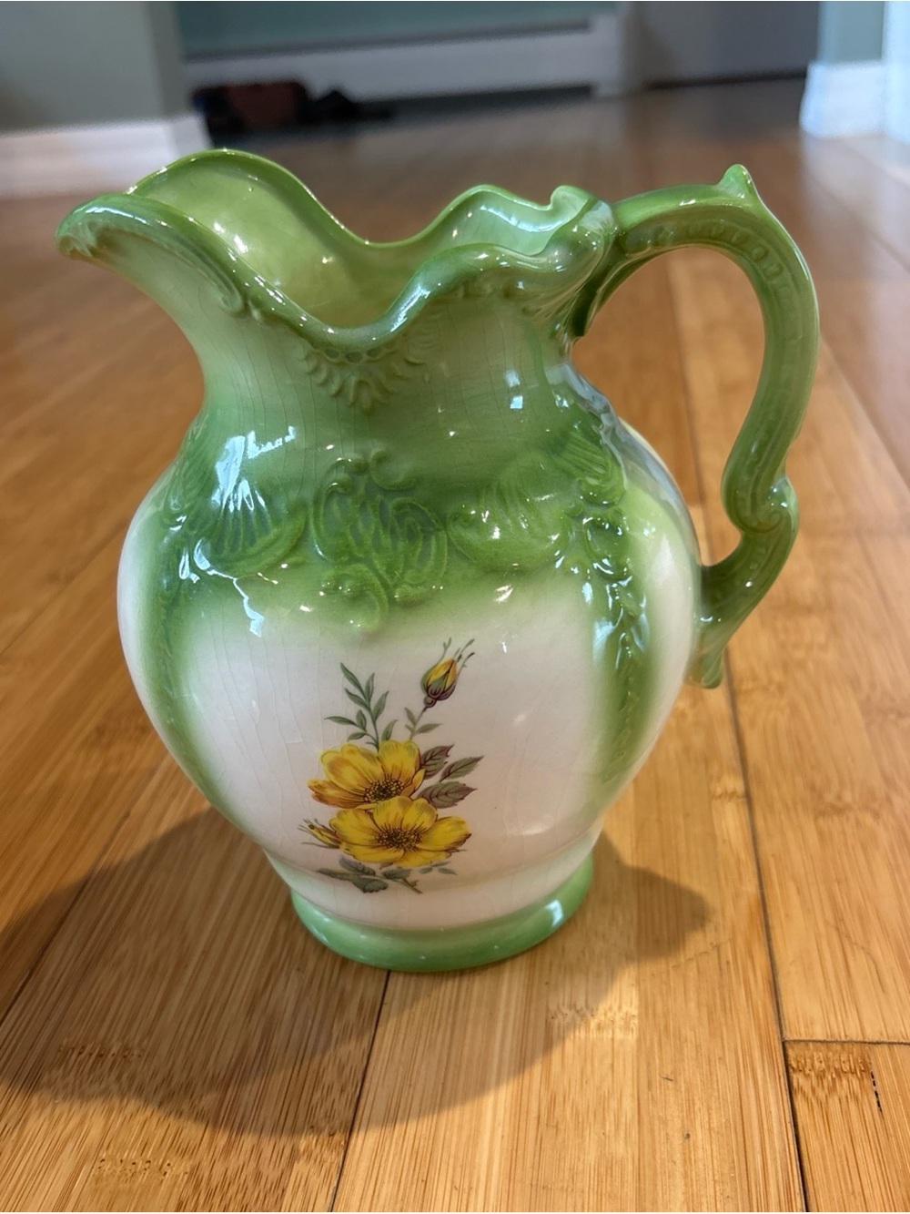 Vintage Arnel’s Green and White Floral Ceramic Pitcher - Elegant Serveware